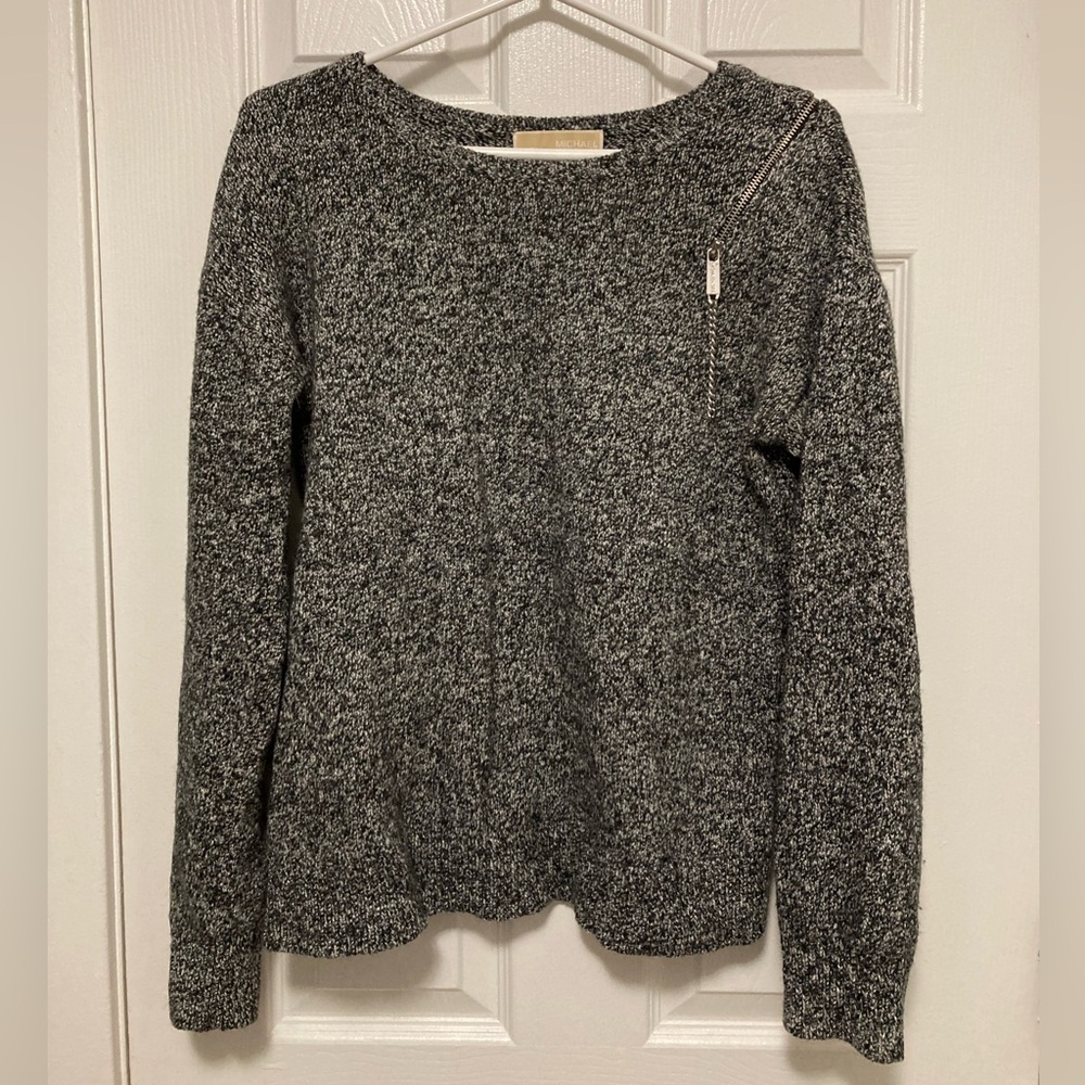 *Michael Michael Kors Black Marbled Zipper Detail Merino Wool Blend Sweater #I